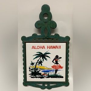 Vintage‎ Aloha Hawaii Trivet  Palm Tree Hula Girl Cast Iron Green Kitchen Decor